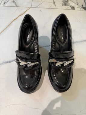 ANTONIO MELANI Black Patent Loafers with Silver Chain Accent